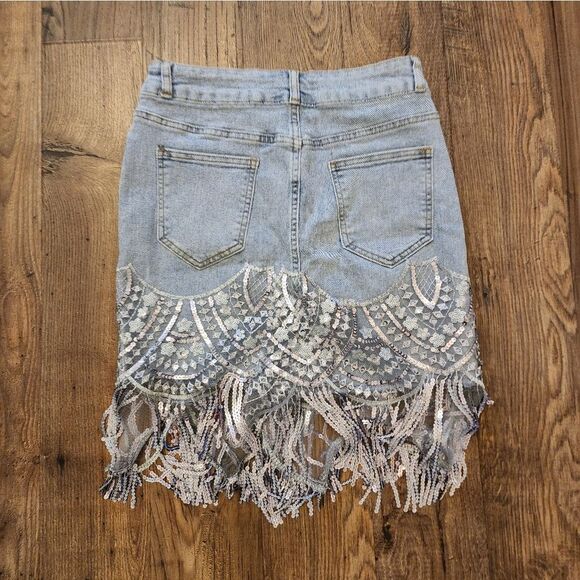 Denim Skirt With Sequin Fringe Size XS/S - Picture 7 of 7